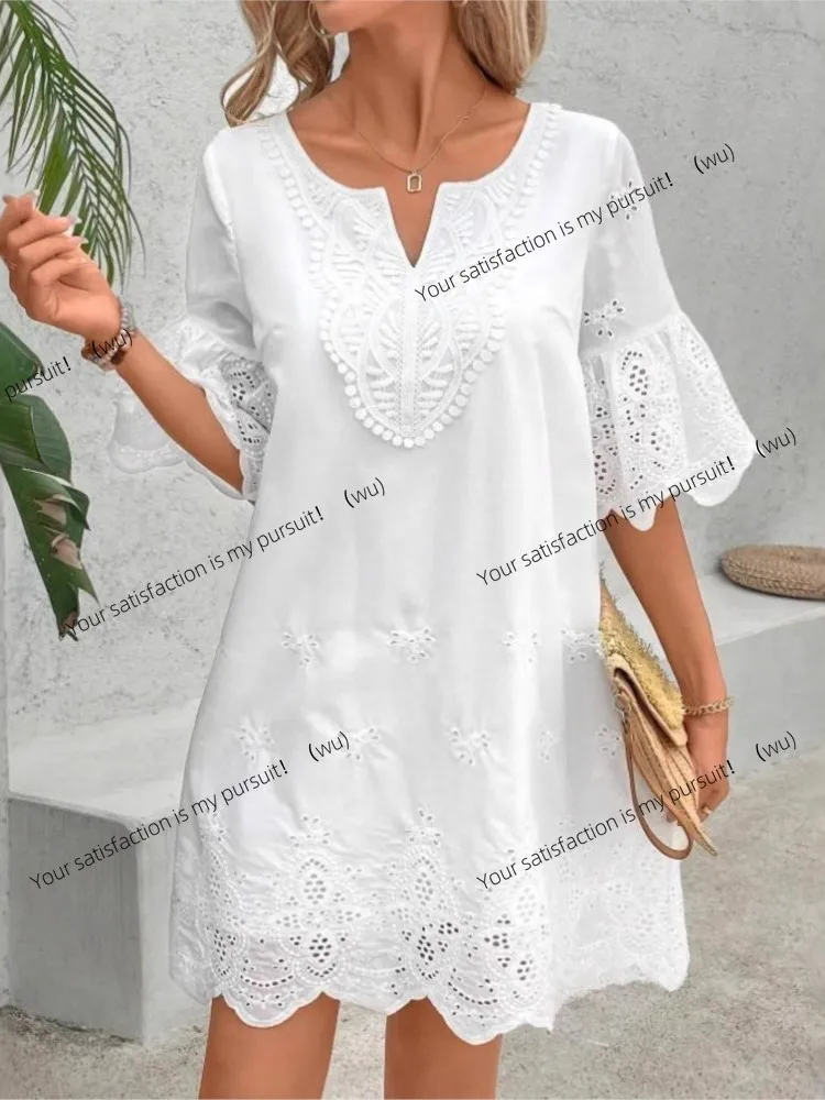 ZOCI-Fashion Casual Lace V-Neck Short Sleeve Dress New Hollow Elegant Casual White Party Dress Women's Summer Robe