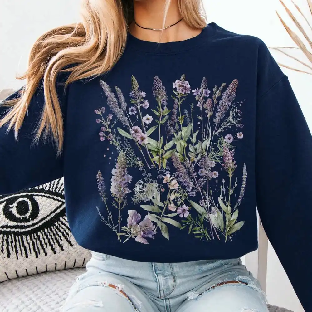 خمر الخزامى الربيع Cottagecore سترة المرأة طباعة سترة الراحة طويلة الأكمام الصوف Crewneck Y2K البلوز الشارع الشهير #3