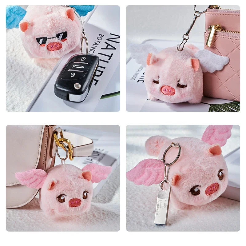 Cartoon Cute Soft Angel Pig Small Flying Pig Pull String Plush Toy Keychain Fun Charm Doll Keychain Fashion Backpack Charm