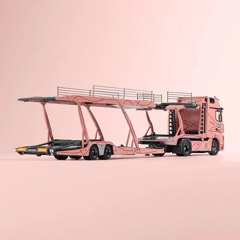 SHADOW PRO 1:64 Mercedes-Benz Rimorchio per camion pesanti Staffa a doppio strato Semi-rimorchio Modello di auto in lega verniciata di maiale rosa