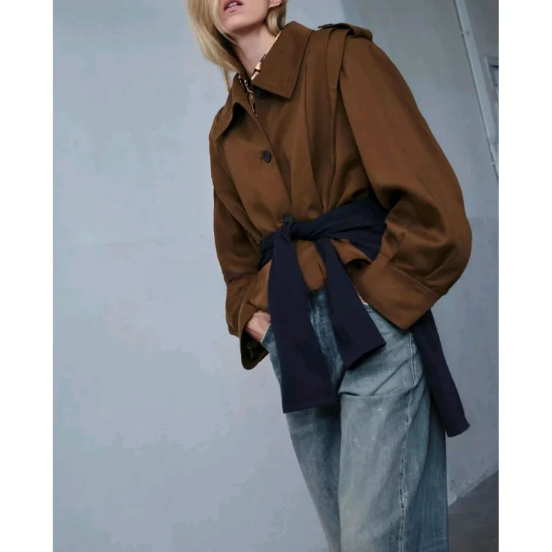 Chaqueta corta informal sin mangas para mujer, nueva moda de otoño, hombros acolchados, cuello vuelto, cinturón pado, esti...