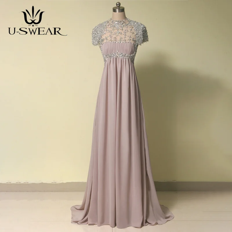 Exquisite Evening Dresses O-Neck Chiffion Beading Prom Dresses Short Sleeve A-line Women Long Evening Gown Robe De Soiree