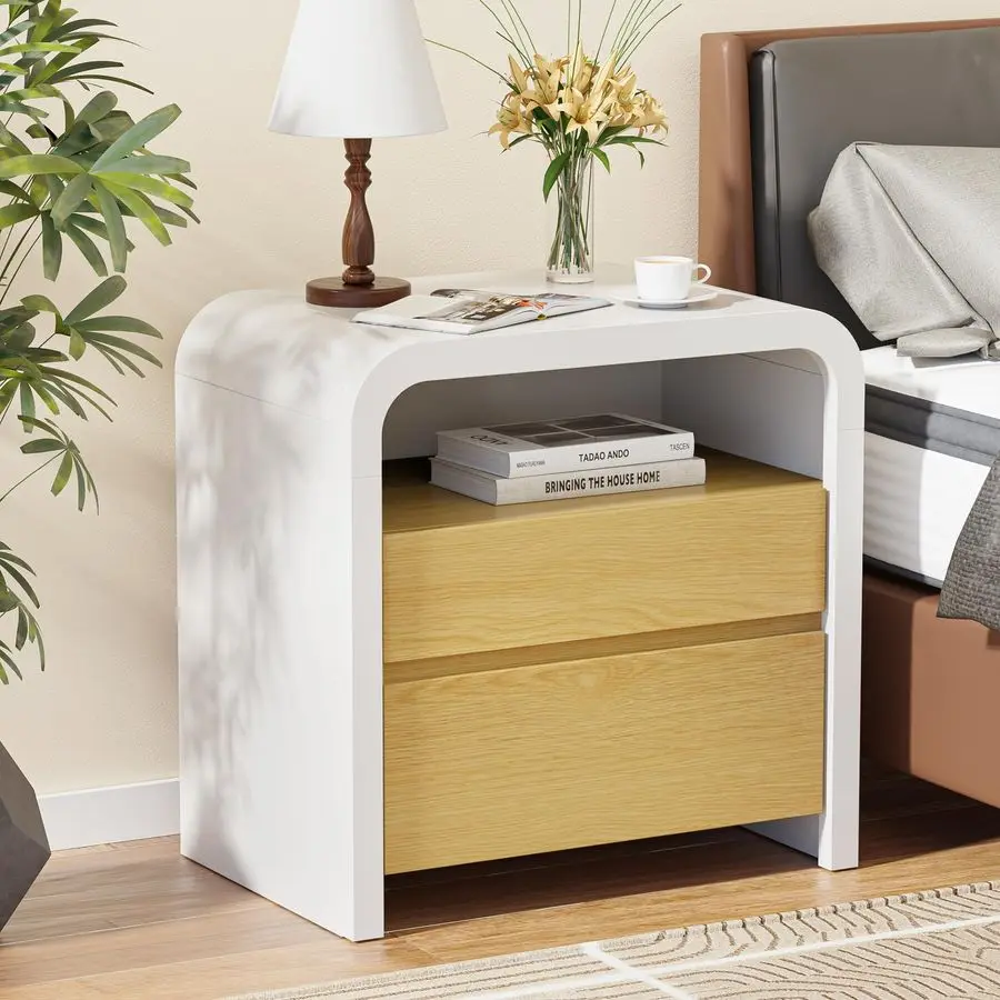 

24 inches White Modern Nightstand, Bedside Table with Curved AntiCollision Design, Large Night Stand with 2 Storage Drawers