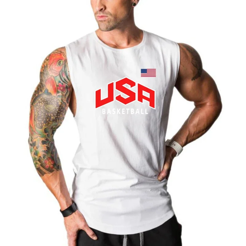 Summer Men Usa And Flag Of The United States Basketball Sports Tank Cotton O-neck Casual Fitness Sleeveless Gym Workout Clothing