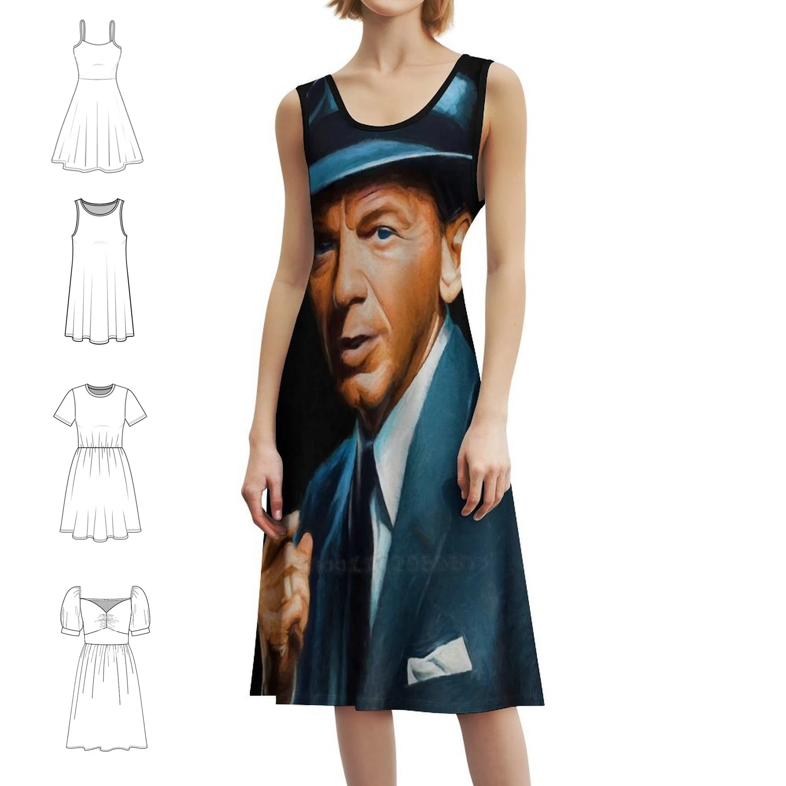

Фрэнкское богемное платье без рукавов с несколькими принтами, пляжное праздничное платье для отдыха, художественная роспись, мужское синее женское платье Sinatra Crooner