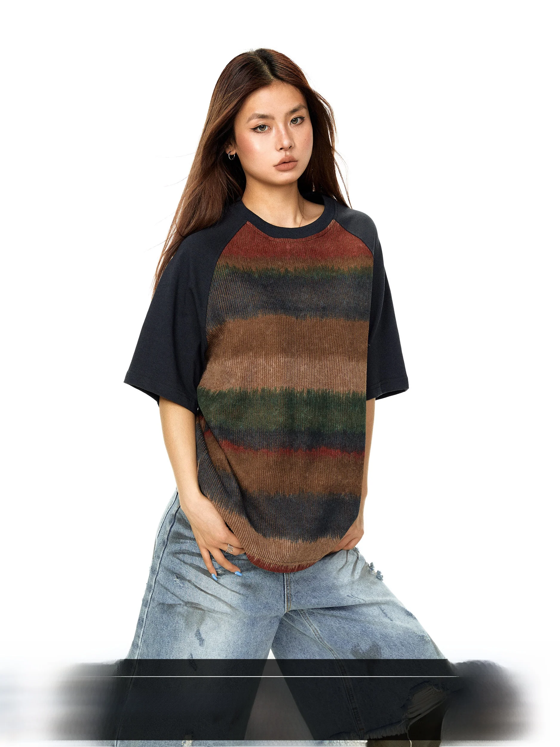 

Summer Casual Loose Women's T-shirt Rainbow Color Block Short Sleeve Shoulder Insert Design Cotton Blend Comfortable Top