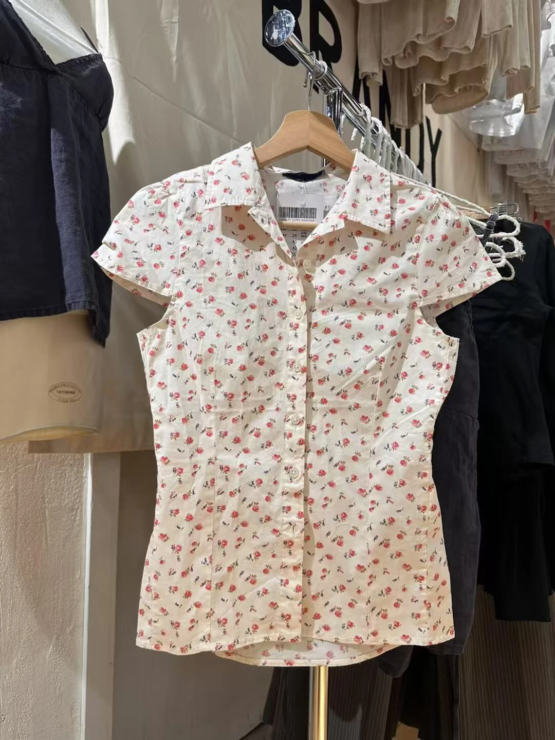 

Red Flower Print Slim Blouses Women Turndown Collar Single Breasted Short Sleeve Shirts Summer Sweet Casual Vintage Blouse New