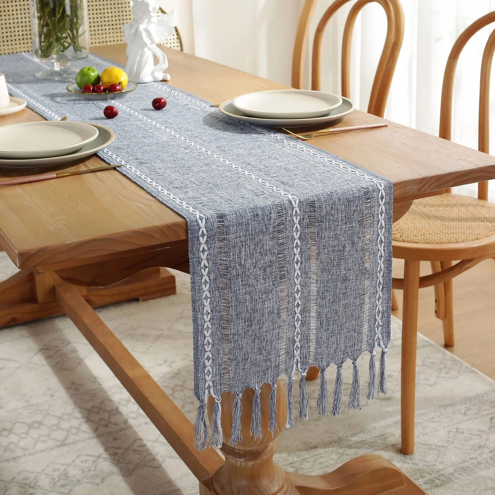Rustic Table Runner with Tassels, Cotton Linen Table Decoration for Holiday Party, Farmhouse, Wedding and Dining Decor