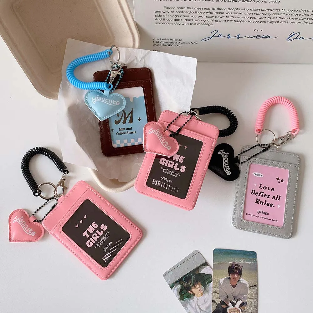 Cute Love Heart Ultra-thin Package Keychain Bungee Cord PU Leather Korean Version Card Holder Multi-card ID Holders