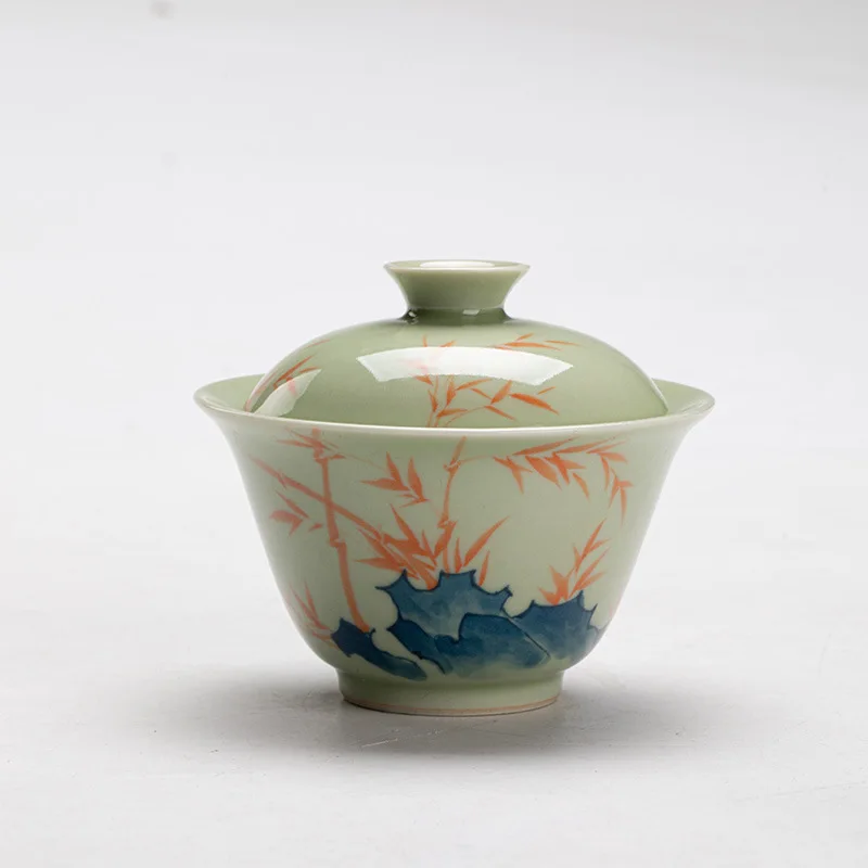 Secret Green Hand-painted Gaiwan Spill Mouth Household Ceramic Taihu Stone Red Bamboo Pastel Color Scholar Tea Bowl