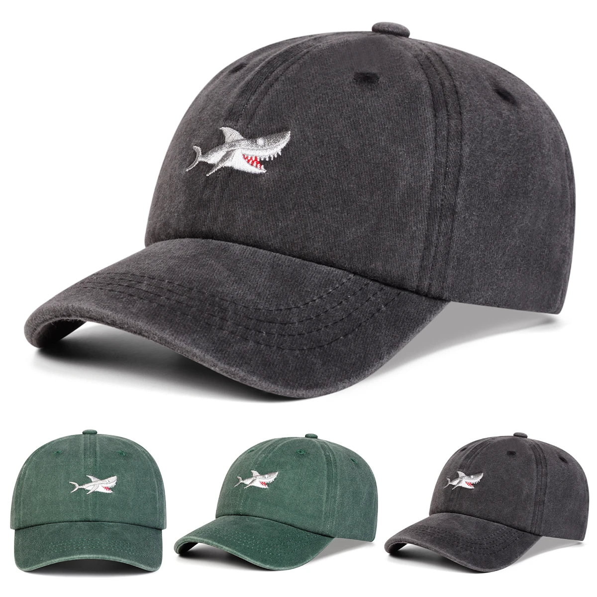 Children Shark Embroidered Washed Baseball Cap Spring Autumn Outdoor Adjustable Casual Hats Boy Girl Travel Sunscreen Hat