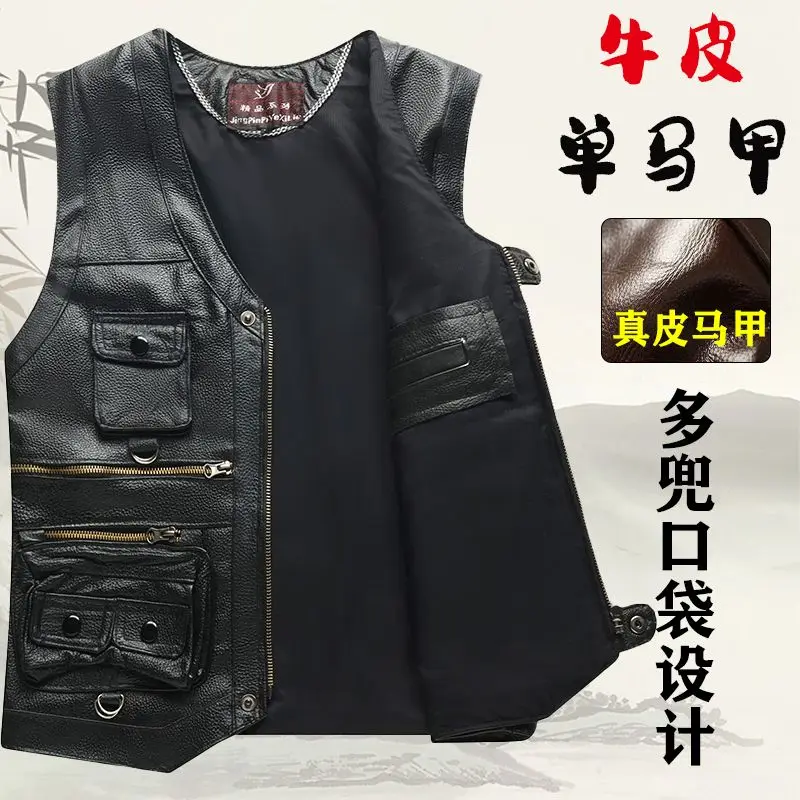 2024 Cowhide Genuine Leather Man Vest Waistcoat Male clothing Jacket Thick Motorcycle Multi Pocket leather biker Men safety vest