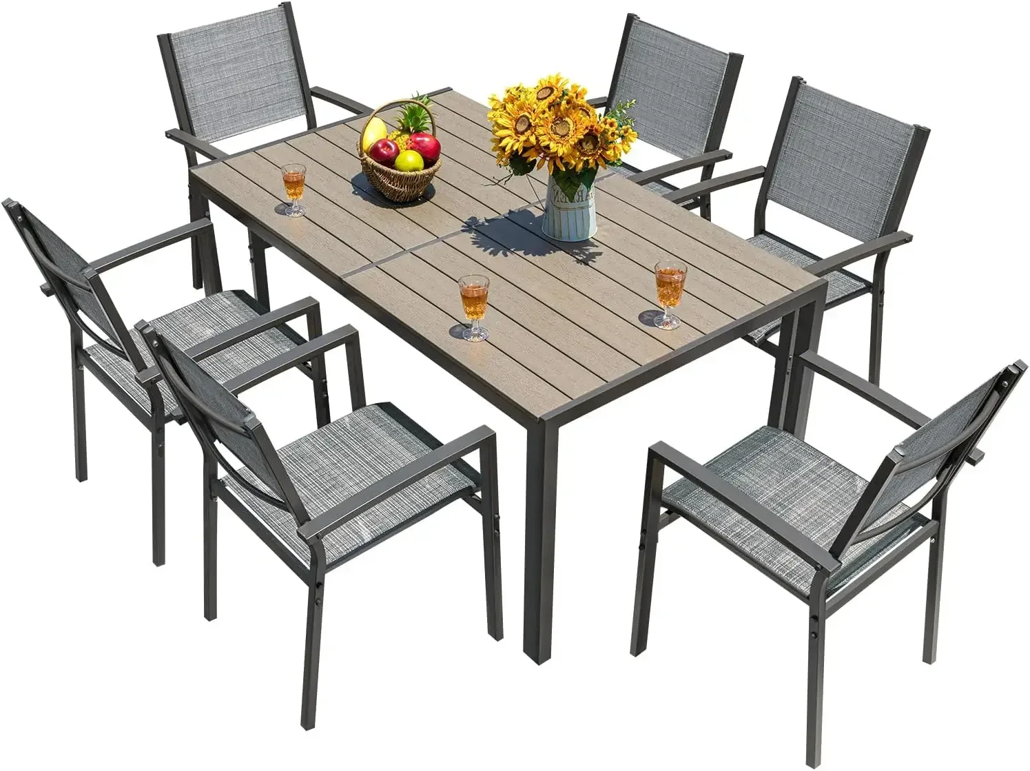 

Patio Dining Set 7 Pieces Outdoor Furniture Table and 6 Textilene Chairs, Light Grey