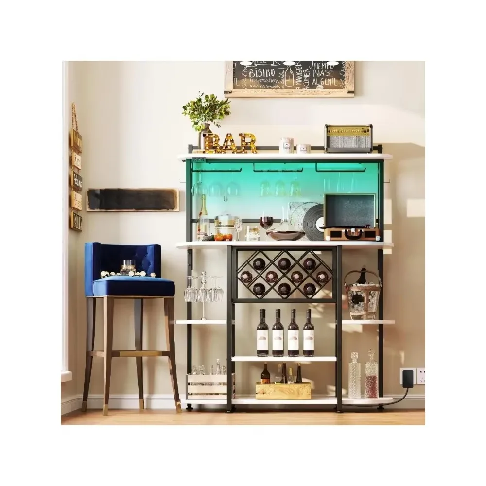 

Wine rack with LED lights, bar cabinet with glass stands, freestanding coffee storage shelf, 5-tier wine cooler in the kitchen