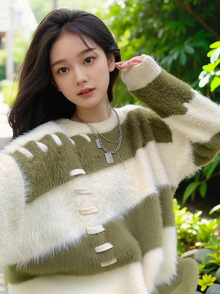 

Korean Design Sle Women's Knitted Sweater Coat Autumn Winter New Lazy Warm Striped Soft Base irt Top round Ne Regular L...