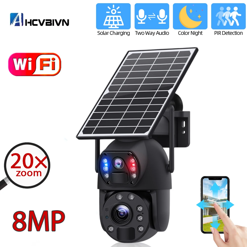 4K Dual Lens Solar Wifi PTZ Security Camera Auto Tracking Outdoor 20X Zoom Wireless CCTV Video Surveillance Camera 2 Way Audio