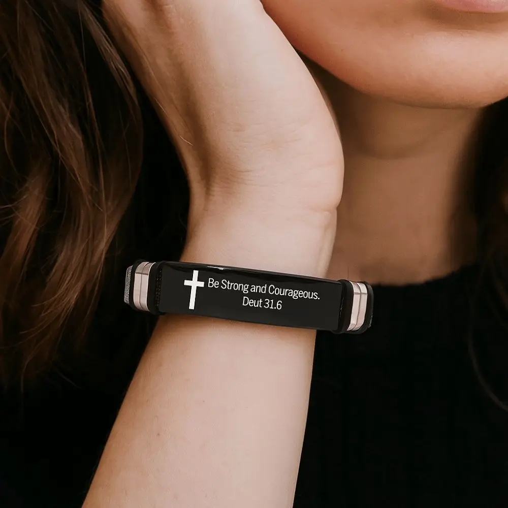 Pulseira de aço inoxidável/pvc com citações inspiradoras, pulseira ajustável para versículo da bíblia, pulseira cristã de prata