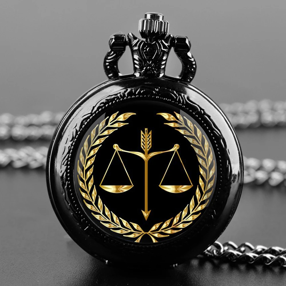 Stainless Stee Lawyer Justice Scale Judge Glass Dome Quartz Pocket Watch Necklace Women Jewelry Pendant Chain Children