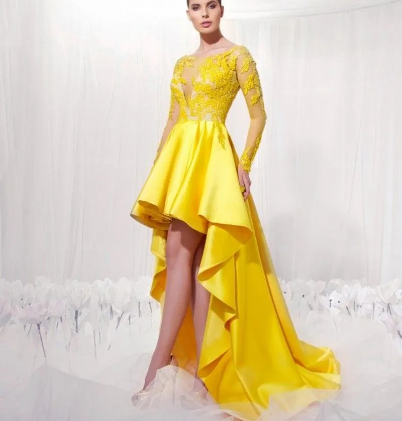 

Yellow Short Front Long Back Prom Formal Dress 2023 Illusion Sleeves Modest Lace Evening Birthday Gowns Robe De Soiree