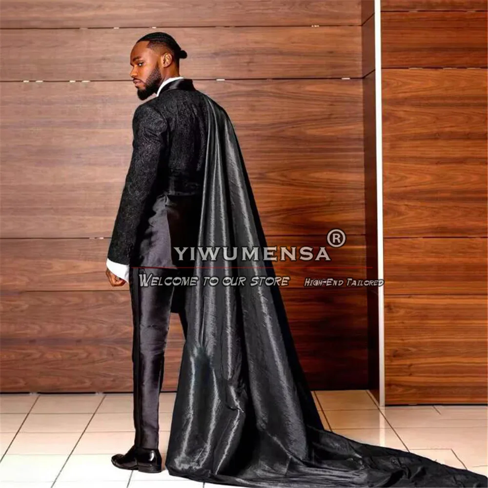 Luxury Wedding Suits With Cape Black Shawl Lapel Jacquard Jacket Pants Groom Tuxedos Tailored Male Prom Blazer Costume Homme