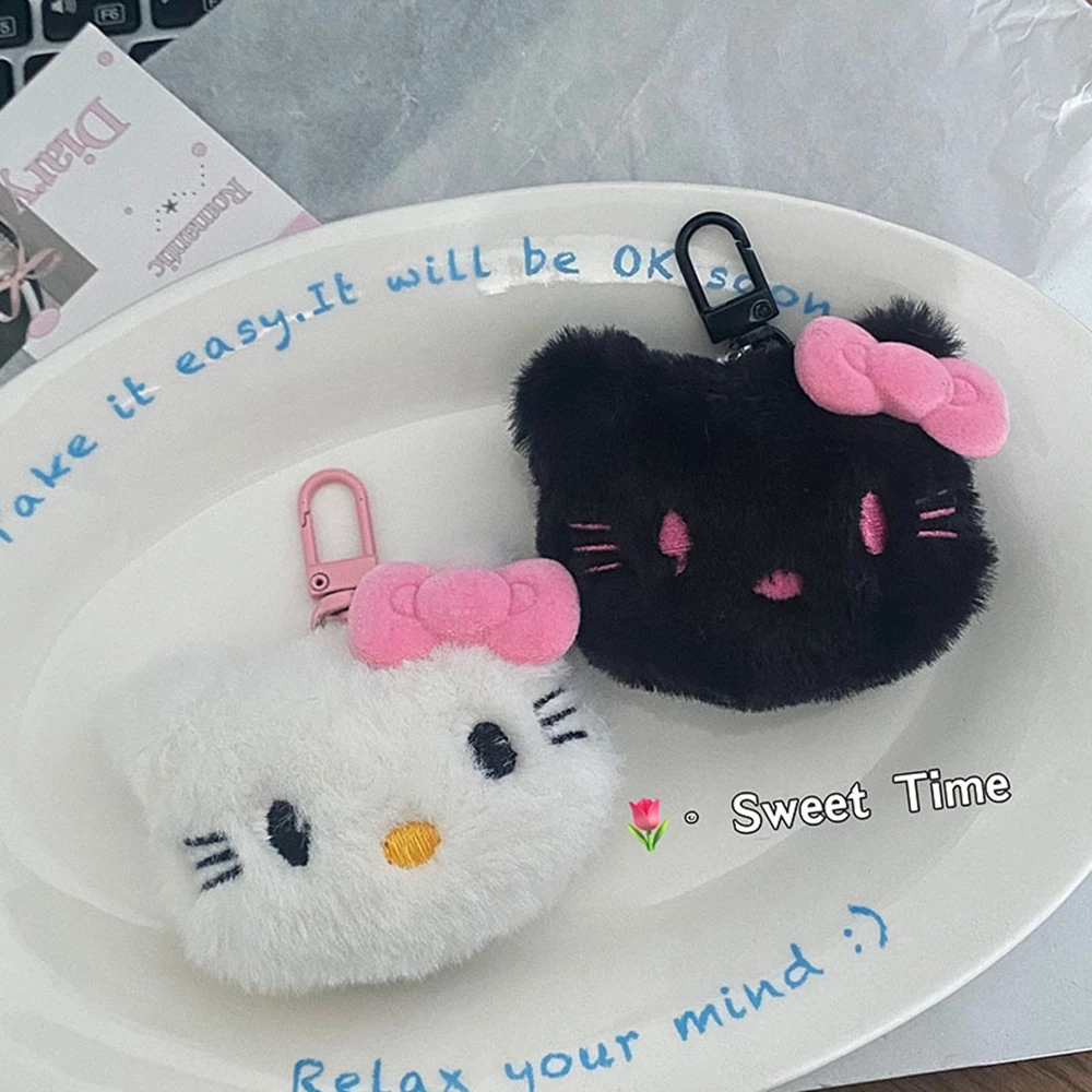 New Hello Kitty Keychain Sanrio Cute Black Pink Bow Doll Bag Plush Phone Pendant Car Key Chain Couple Accessories Birthday Gift