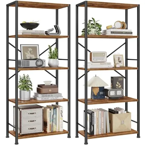 5 Tier Book Shelf Set of 2, Tall Wide Bookshelf, Rustic Brown | 20'' Wide Industrial Storage Shelves with X Crossbar image 2