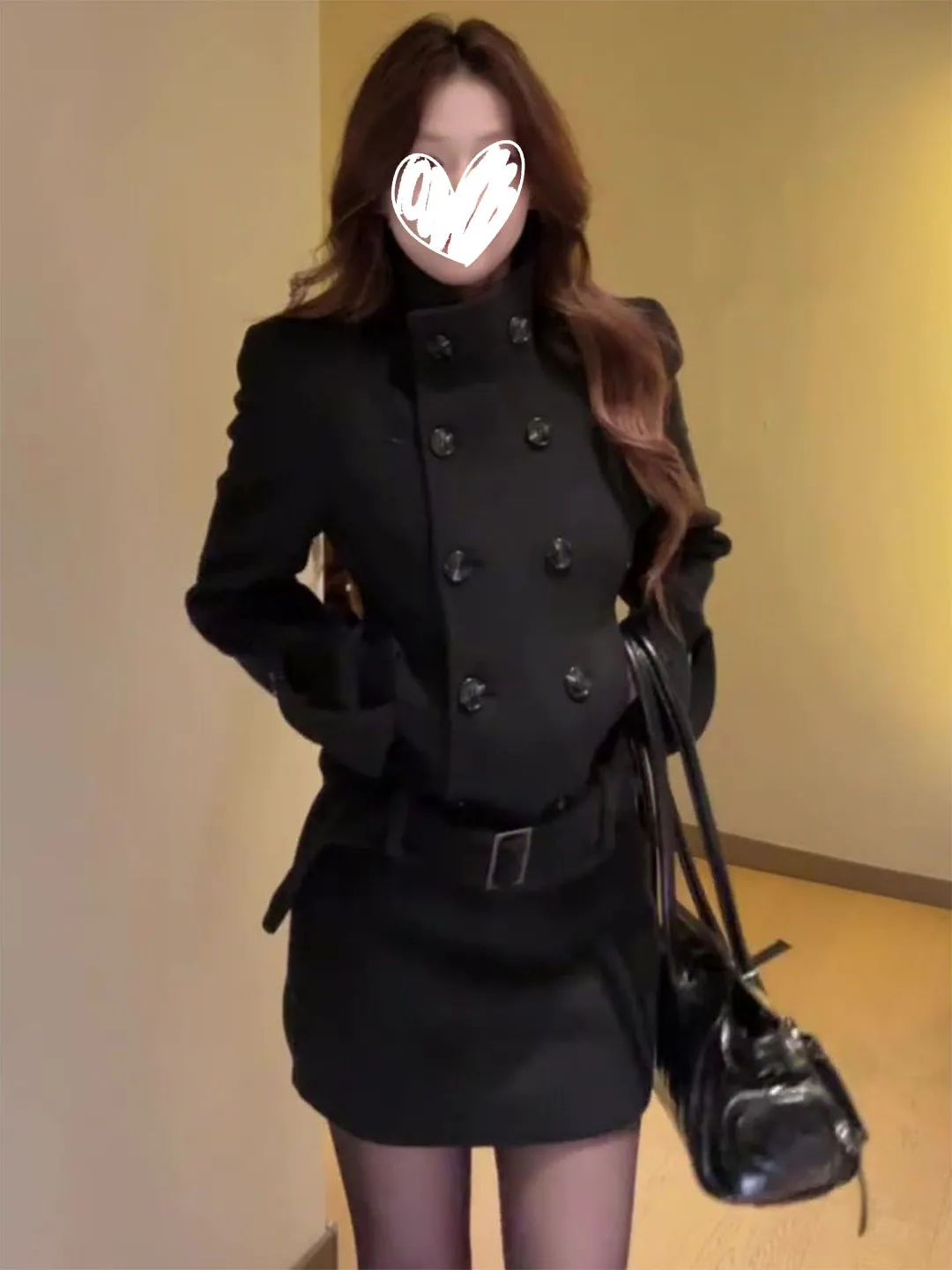 

Elegant Black Woolen Short Coat with Stand Collar for Women Autumn Winter New Style Two-Piece Set with Bodycon Skirt