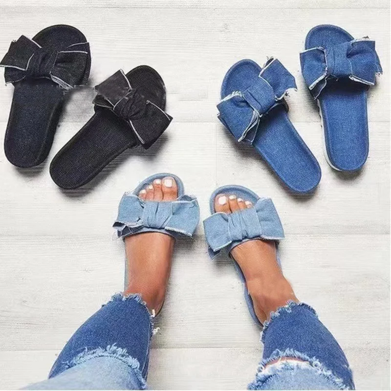 Wholesale Hot Selling Ladies Large Size Summer New Jeans Slides Women Beach Sandals Bow Denim Slippers Canvas Shoes Flip Flops