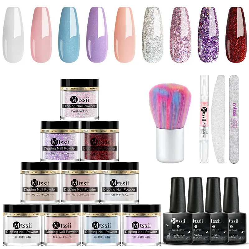 Mtssii 9 Stks/partij Dompelen Poeder Set Nail Art Borstel Gereedschap Manicure Gereedschap Losweken Base Top Coat Activator Borstel Saver kits