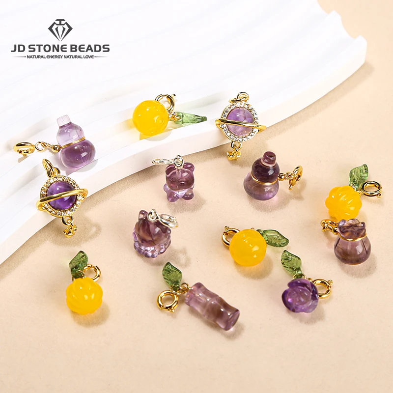 1 Pc Natural Amethyst Carved Bamboo Shape Bear Rose Copper Buckle Pendant For Jewelry Making Diy Necklace Bracelet Accessory