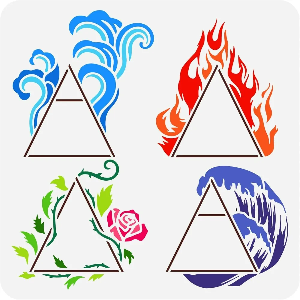 Four Elements Alchemical Stencil for Painting 11.8x11.8inch Reusable Trinity Knot Drawing Template Wind Fire Water Vines