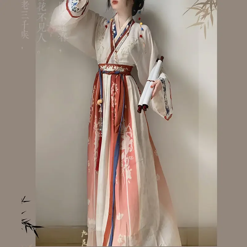 중국 위진 스타일 데일리 한푸 세트, 절묘한 꽃 자수 그라데이션 거즈 원피스 기질 허리 조임 원피스, 2024 신제품