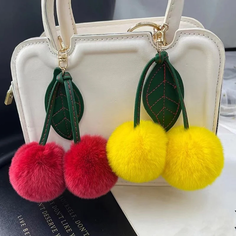 New Otter Rabbit Hair Cherry Multi-color Car Keychain Pendant Cute Pompom Doll Doll Bag Bag Hanging Key Chains for Women Gift