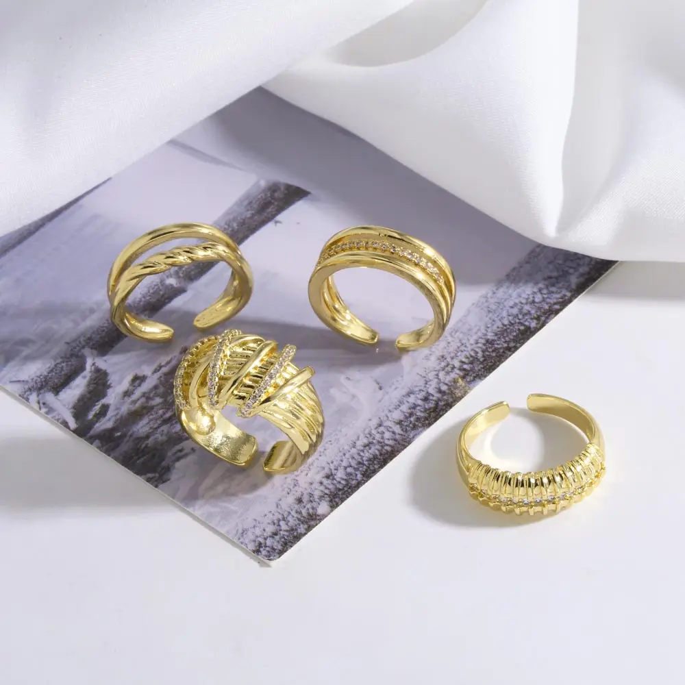 OCESRIO White Crystal Twist Crossover Statement Women Rings Copper Gold Plated Width Open Ring Women Fashion Jewelry rigm61