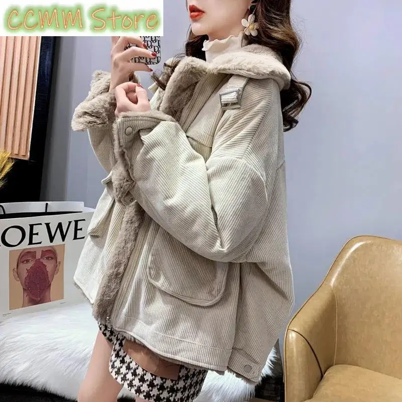 Winter Coat Women New Korean Loose Wild Zipper Corduroy Lamb Wool Jacket Thicken Warm Tooling Cotton Jackets Womens Parkas