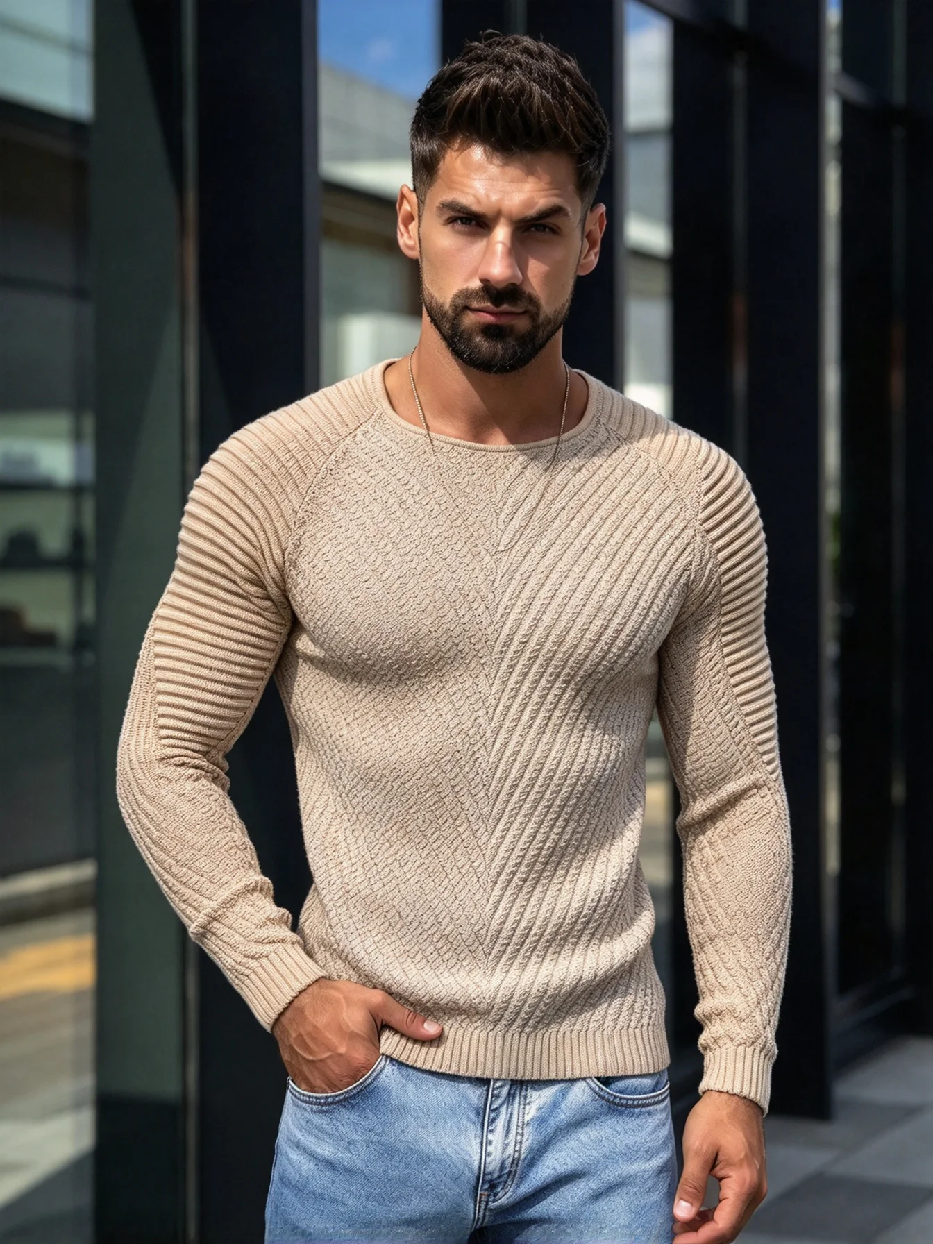 Men's Solid Color Textured Knitted Sweater O-Neck Long Sleeve Slim Fit Pullover Raglan Sleeve Casual Autumn Winter Mens Knit Top
