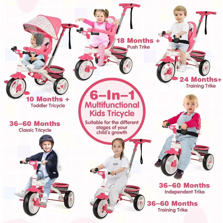 Tricycle pour tout-petits Tricycle 6 en 1 avec poignée Parent, harnais de sécurité de rangement Capy réglable et freins de roue Tricycle Push pour bébé S