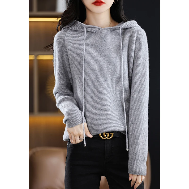 Spring And Autumn Pure Wool Precision High End Fashion Hooded Cashmere Sweater Women\'s Loose And Comfortable Sweater Temperament