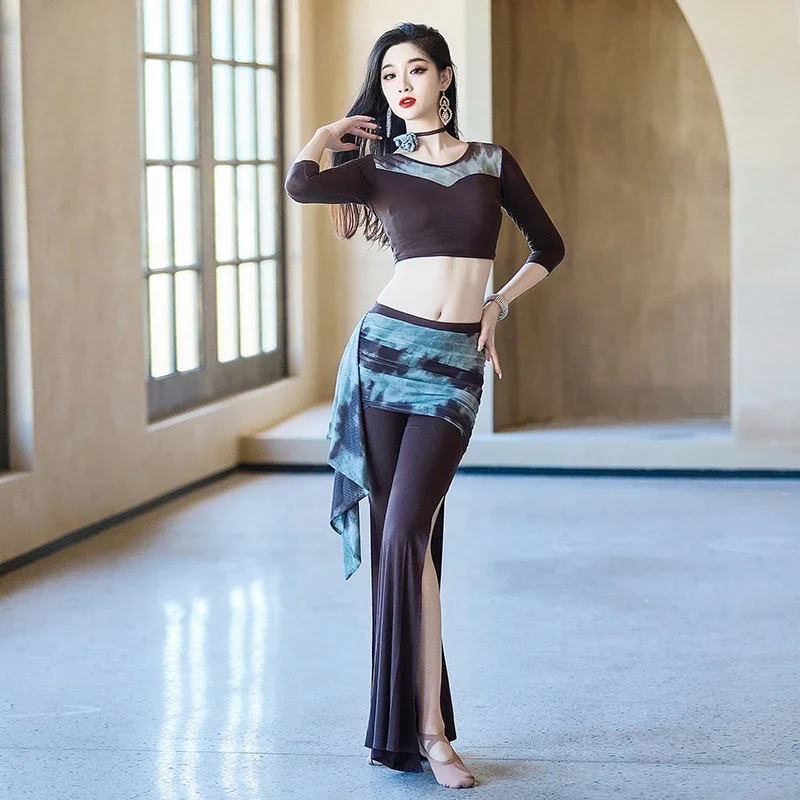 New BellyDance Practice Set Women's V-neck Slimming Top+Sexy Split Pants 2pcs Adult Oriental Dance Professional Training Clothes