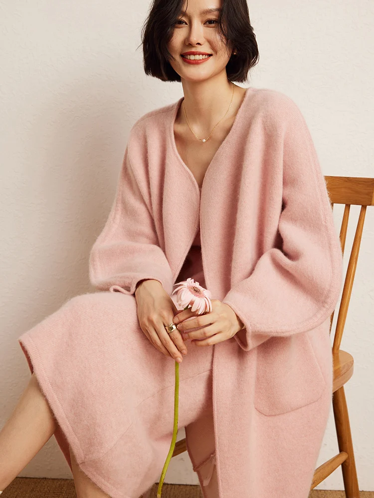 Chic Autumn Winter Women's Lantern Sleeve Cashmere Coat Warm Soft 100% Cashmere Cardigan Casual Loose Comfort Clothing Tops