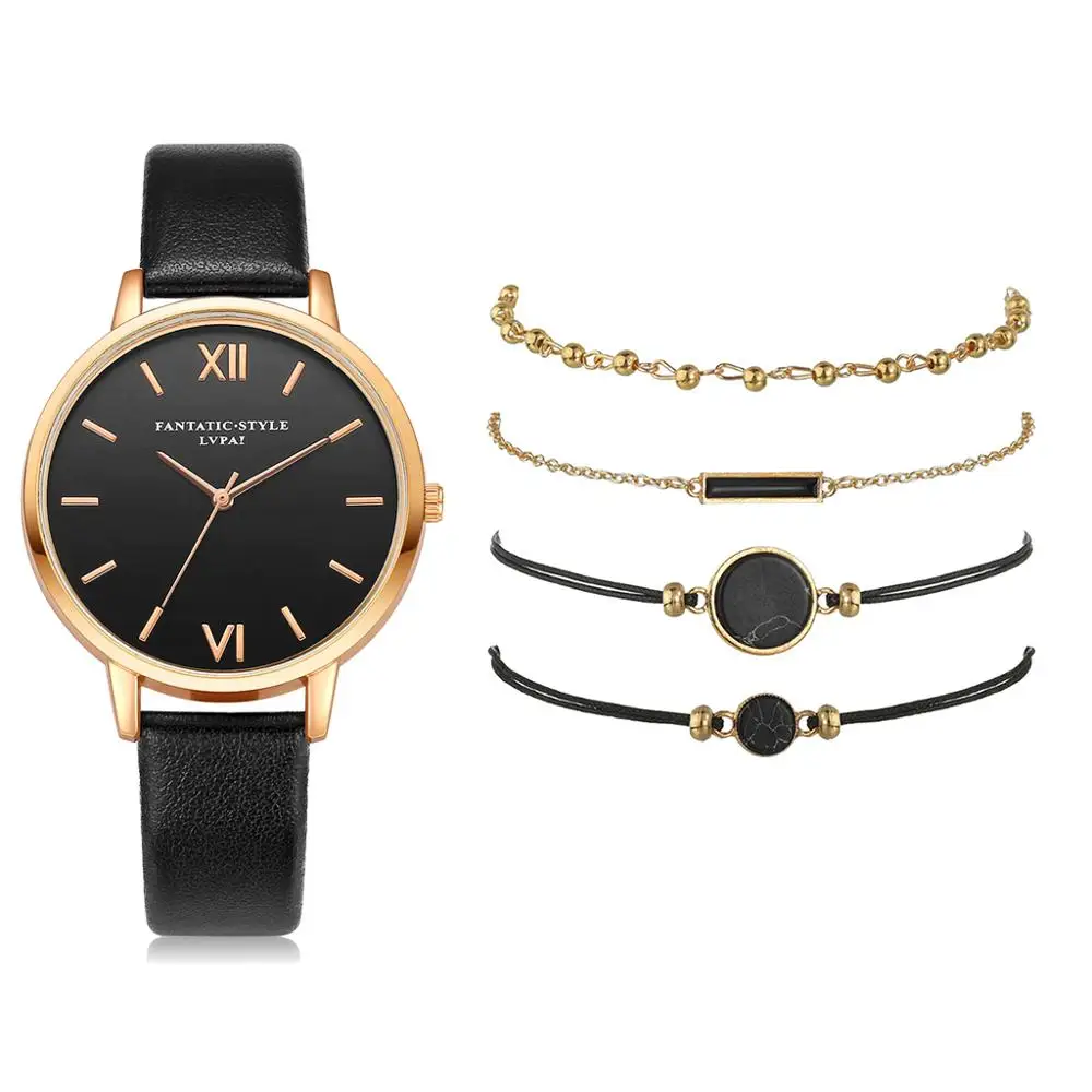 Reloj de pulsera de cuarzo analógico para mujer, con correa de cuero, negro, 5 uds., femenino