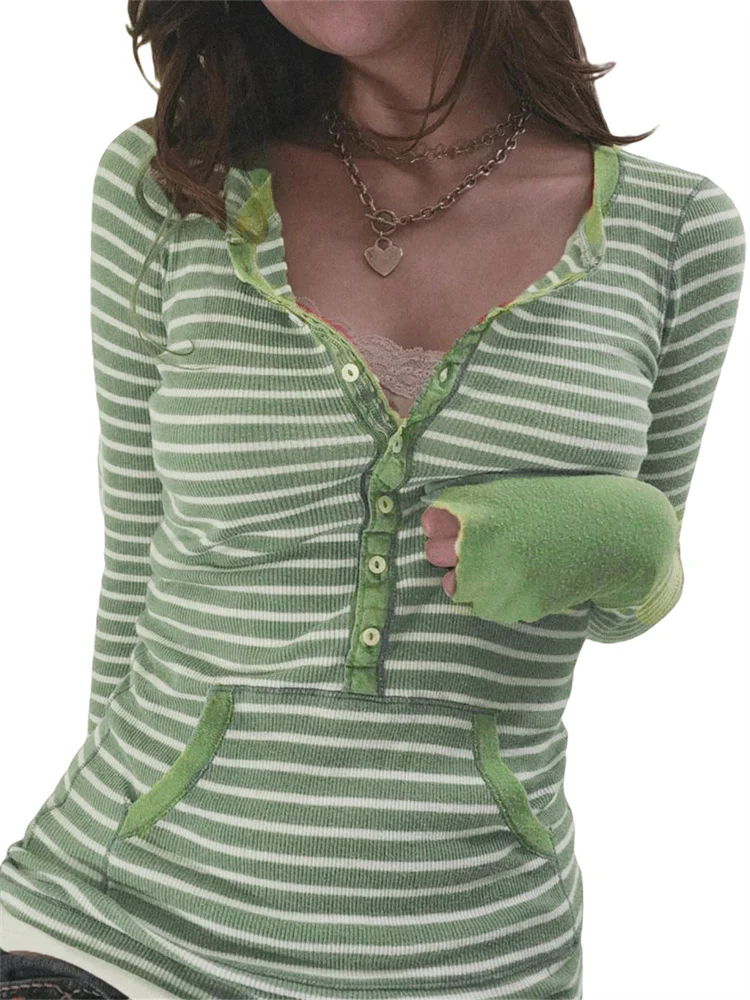 قمصان نسائية للخريف بأكمام طويلة ورقبة على شكل زر قمصان متماسكة Y2K تي شيرت جمالي 2000s قطع علوية غير رسمية على الطراز القوطي الجرونج #2