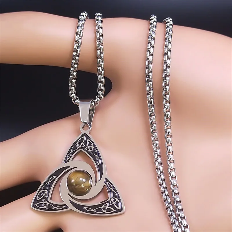 Viking Trinity Knot Necklace for Women Men Stainless Steel Tiger Eye Stone Irish Celtic Lucky Amulet Necklaces Jewelry