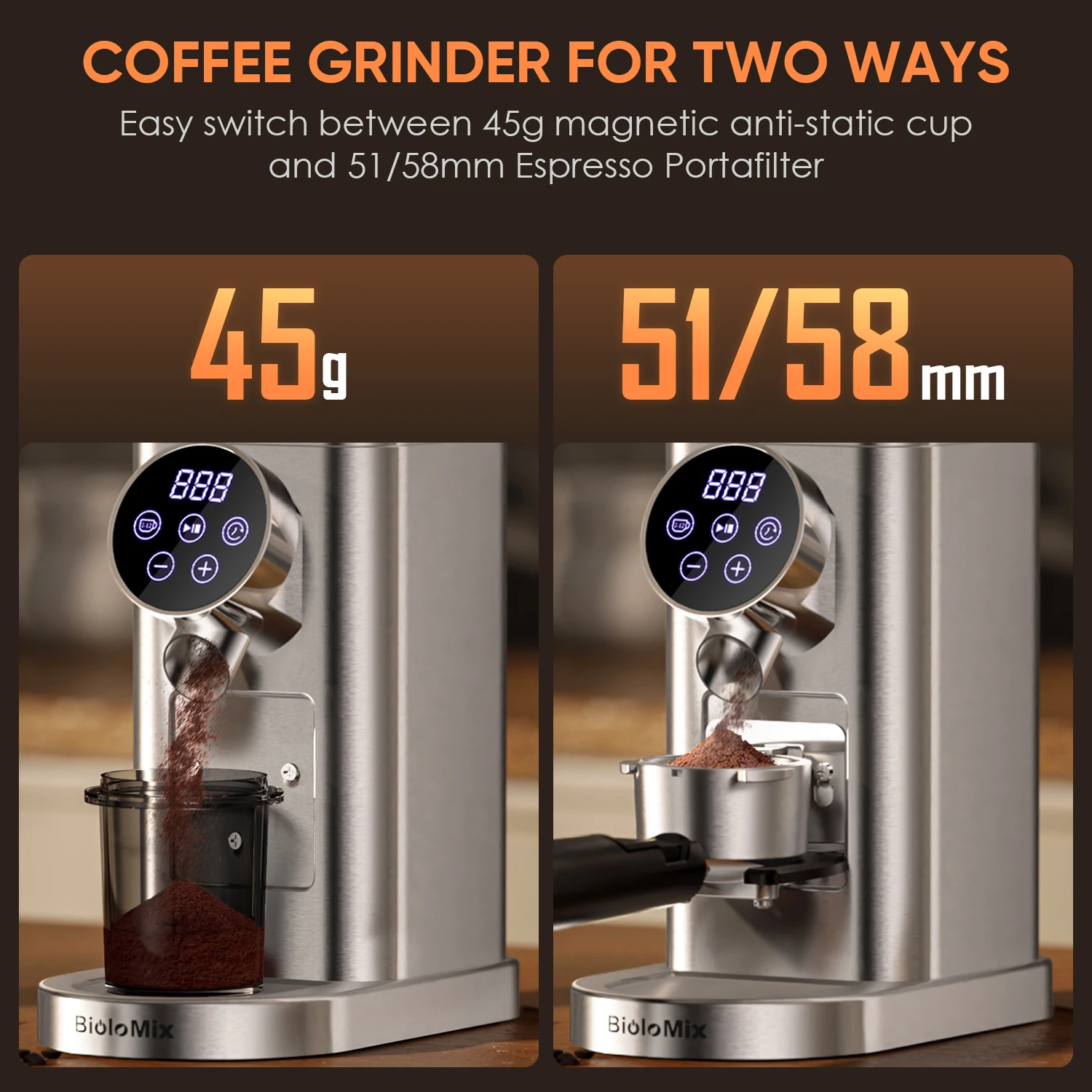 BioloMix Electric Burr Grinder – 48-Precision Settings, Removable Coffee Holder, Conical Burr for Consistent Espresso Grinds view 5