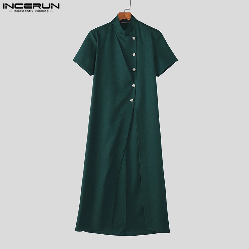 

INCERUN Men Long Style Blazer Stand Collar Short Sleeve Elegant Male Suits Streetwear 2025 Button Fashion Casual Thin Coats Men