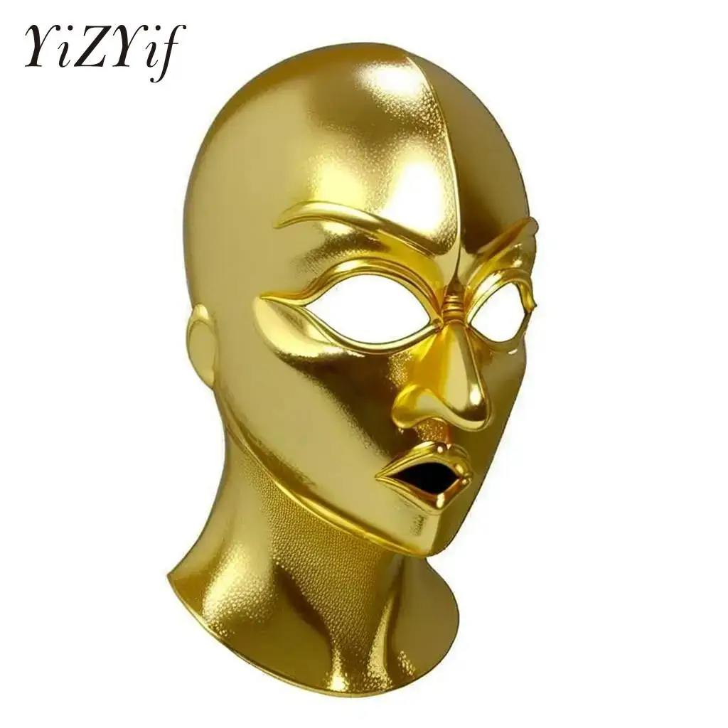 

Cosplay Latex Face Mask Shiny Metallic Open Eyes Or Mouth Headgear Hood for Unisex Women Mens Role Play Costume Full Face Mask