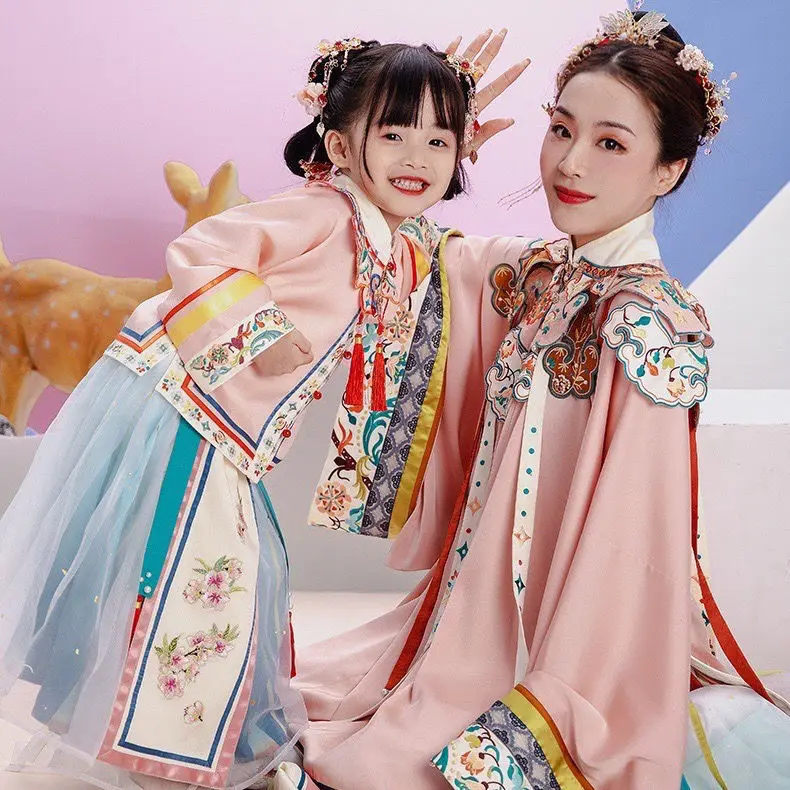 Hanfu girls spring and autumn new Chinese style adult parent-child baby year-old dress smile spring breeze long sleeves