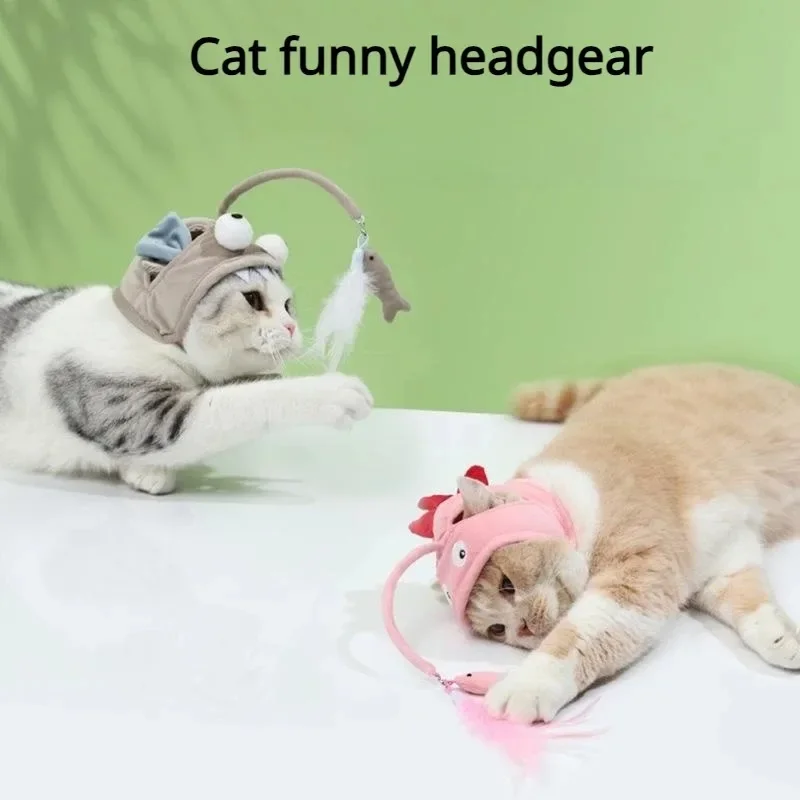 Pet Headwear Feather Fun Cat Toy Funny Little Dinosaur Big Eyed Fish Penguin Bee Shape Hat Cats Self Hi Artifact Pet Supplies