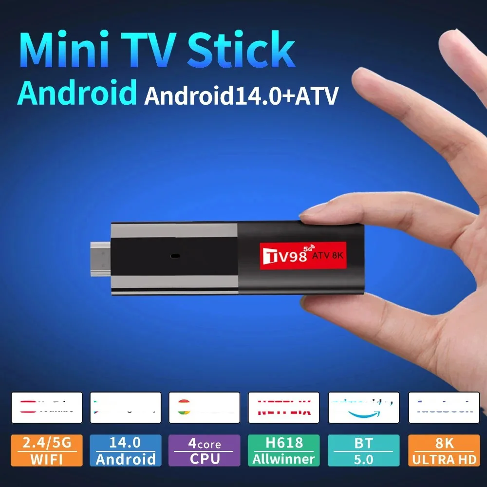 TV Stick Android 14 Support 8K Video 4K Wifi 6 HDR10 3D TV Box 2.4G BT5.0 Body Feeling Game Smart TV Box 16GB for Google YouTube
