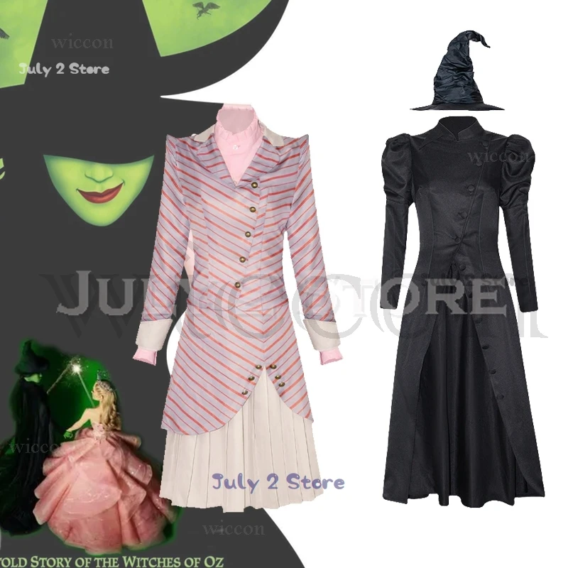 Glinda Elphaba 코스프레 사악한 코스프레 마녀 의상, 파티 롤 플레잉 아리아나 세트 블랙 핑크 원피스 로브 모자, 2024 신제품